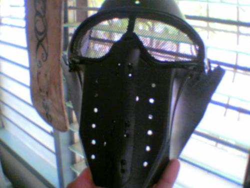 home made facemask - this is facemask i wear during airsoft wargames.personally made&desinged by my own creative mind with wiremeshed goggles and a flatback hard plastic mask including forehead protector..