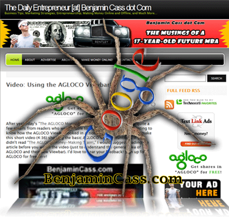 The Google SEO Spider that Crawls | BenjaminCass.c - An image made by BenjaminCass.com that shows a literal interpretation of Google&#039;s spiders that crawl the internet in search of websites.