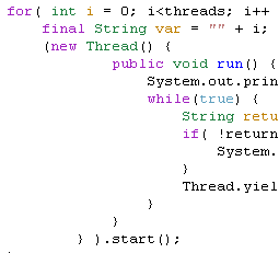 Java Code - While the car is pretty I do think we should have something more well Java-y as the profile picture. So this is something more 'Javay', I am having an issue were I'm getting values that I'm not expecting, and the only thing I can see that could cause it is un-syncronized access to a Map. So I wrote a quick test application. It looks like I have a bug in my code, but I'll can not see it :(