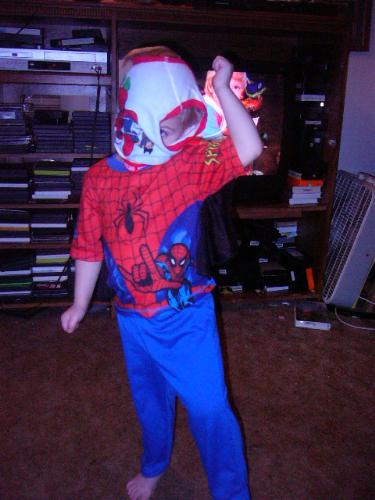sky-man!! - Sky wearing his spiderman costume..no power ranger ones yet..:( and yes those are his sperman undoies on hi head and yes clean lol..for a mask!!! hahahahahh!