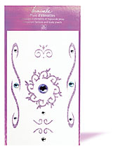 Shower of Shimmers – Temporary Tattoos and body je - Fairy Tatoos; These sequined mauve tattoos, together with 5 violet, 2 turquoise and 2 diamond coloured jewels are going to decorate your neckline, your shoulders, your arms, your navel , the small of your back… Their precious motifs intertwine for a most sensual and gracious effect. the stones sparkle like real jewellery to make you irresistible