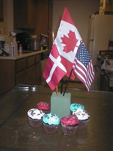America Cakes For The 4th Of July - I served these little America Cakes to my family on the 4th of July. We are currently in Sedona AZ. They are American, and I am Danish-Canadian. so we made sure to include all of our flags in the centrepiece I made. My fiance want a similar centrepiece in flowerpots at our wedding.