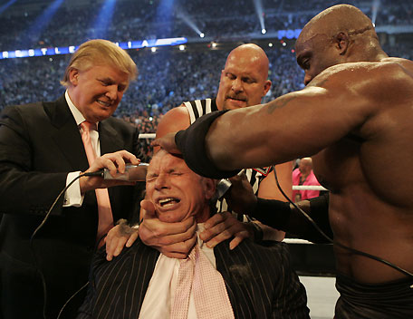 mcmahon bald - donald trump, bobby lashely and stone cold steve austin shave mr mcmahon's hair bald at wrestlemania 23