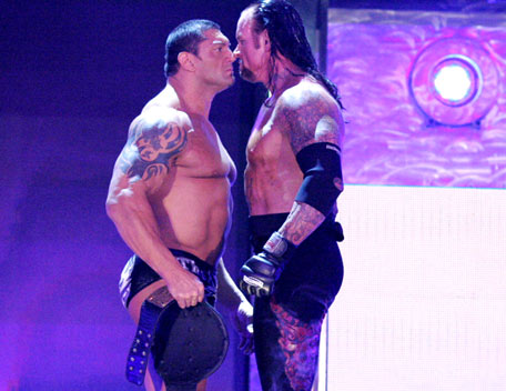 undertaker and batista - undertaker and batista stare each othe with fire in their eyes before their match at wrestlemania
