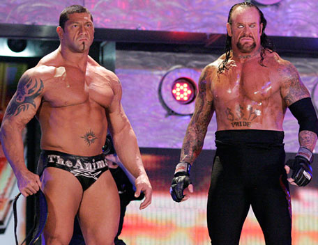 ut and batista - undertaker and batista stare at their opponents at no way out 2007.