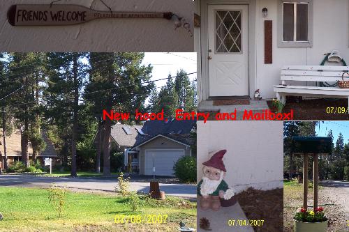 pictures of new house and neighborhood - greeting gnome, deacons bench, neighborhood and new mailbox