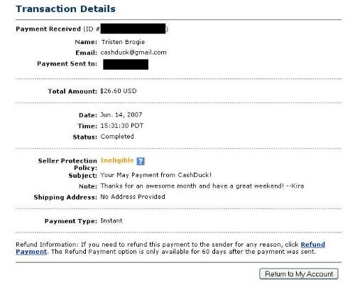 CashDuck Proof Of Payment - Recieved Payment from Cash Duck!