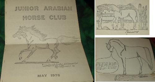 Arabian Horse Newsletter from May 1978 -  When I was a kid, I spent a lot of time drawing pictures of horses all over everything. My school work, homework, notebooks, stray papers, anything really. When I found out that you could send pictures that you'd drawn to horse magazines and to this one newsletter, well, I sent them horse pictures all right!  The one that I still have newsletters from was put out by the International Arabian Horse Association. In the beginning, it was called the Junior Arabian Horse Club but then they had a contest and re-named it Friends of the Arabian. I was the winner of that contest! I chose the name! How excited I was! I won a bumper sticker and two decks of Arabian horse playing cards! Kids could send in games, puzzles, stories, poems and pictures they'd drawn of Arabian horses and they would publish them in this monthly newsletter. It was fun. The newsletters that I have saved are the ones that have pictures, poems and stories in them that I did, well along with other kids too. I will be taking pictures of them all for my Family Memory box.  I have put the newsletters in order of month and year. Here is May 1978. I took a picture of the cover but the picture on the cover is by someone that is NOT me. There are only two pictures that I drew in this issue. One on page 9, one on page 10.