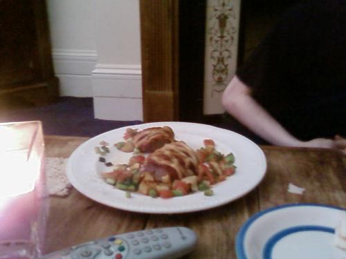 romantic lunch - My hubby was on holiday from work and decided to cook me lunch, it was a lamb loin eye in pastry topped with a red pesto sauce, he served it with a lovely salad!!