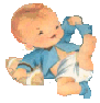 vintage baby clipart - The gif is of a baby with a blue jacket on leaning back with blue socks playing with his toes and he has a football in one hand.