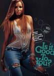 Ciara - Ciara with reddish-brown weave and jeans with holes in them. A gray open-back swimsuit with holes across the stomach.