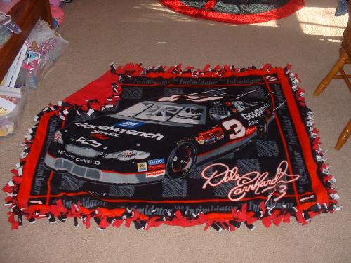 No Sew Fleece Blanket - This is one of the no-sew blankets I did for a co-worker friend of my hubbys--he is a big Dale Earnhardt fan so I used a fleece panel on one side and a solid color on the other side.
