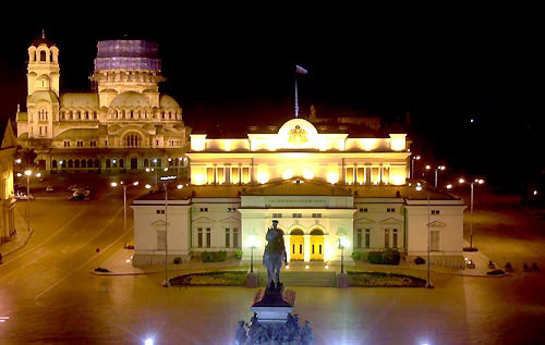 Bulgaria's Memorial - An overhead look at Bulgaria’s Parliament Building and Alexander Nevski Memorial Church in Sofia’s Narodno Subranie Square
