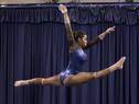 gymnast - a gymnast doing a 180 degree split leap in a long sleeve leo.