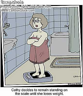 Weighing scales - An amusing cartoon of a woman standing on scales who won't move till she loses weight!