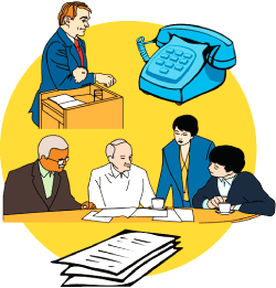 Work - People working on papers, drinking coffee, and answering telephones.