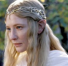 Lady of the Golden Wood of Lothlorien - She was the most powerful Elf in Middle-earth in the Third Age. She had been one of the leaders of the Noldor who left the Undying Lands in defiance of the Valar, and she was the last of them to remain in Middle-earth. Galadriel rejected the chance to take the One Ring and claim power for herself, and at last she was able to return into the West.   Galadriel's father was Finarfin and her mother was Earwen. On the Great Journey to the Undying Lands, Finarfin's father Finwe led the Elves known as the Noldor and Earwen's father Olwe became the leader of the Teleri. Galadriel was born in the Undying Lands around the year 1362 of the Years of the Trees, before the First Age began. She had four older brothers: Finrod, Orodreth, Angrod, and Aegnor.   As was customary among the Elves in the Undying Lands, Galadriel was given a name at birth by her father and another name by her mother. Her father-name was Artanis, meaning 'noble woman,' and her mother-name was Nerwen, meaning 'man-maiden.' The mother-name was generally chosen with insight into the type of person a child would become. Galadriel grew to be six feet, four inches in height - unusually tall for a female Elf - and she was strong and athletic.