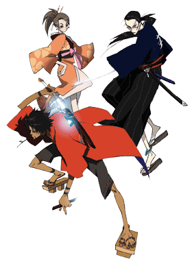 Mugen, Jin, and Fuu - This is a picture of Mugen, Jin, and Fuu; the three main characters of Samurai Champloo.