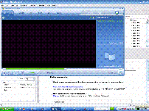 my computer - 604 MB (67%) of 896 MB RAM free, with multiple programs running: two browsers, an e-mail client, Windows Explorer, and Windows Media Player playing the movie 'Anger Management' from the hard drive.