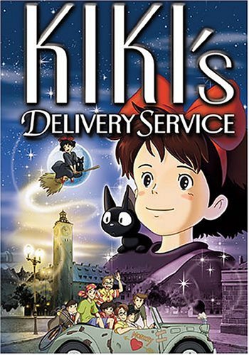 kiki's delivery service -  THis is a picture of th emovie cover of Kiki looking up at the sky