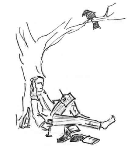 poet - a quick sketch of a women drinking and writing underneath a tree