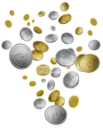 Gold and Silver Coins - A bunch of sliver and gold coins spilling out from the air.