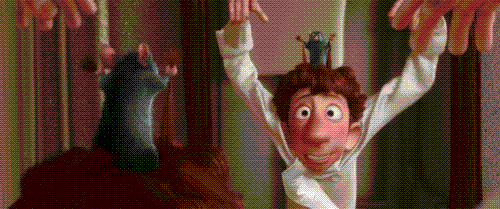 Ratatouille - A scene in the movie when Remy the rat figures out a way to control Alfredo Linguini's (Chef) by tugging at his hair in a special way. Remy finds a way to control Linguini so he can use his 'human look' to cook.    Source: Wikipedia.org