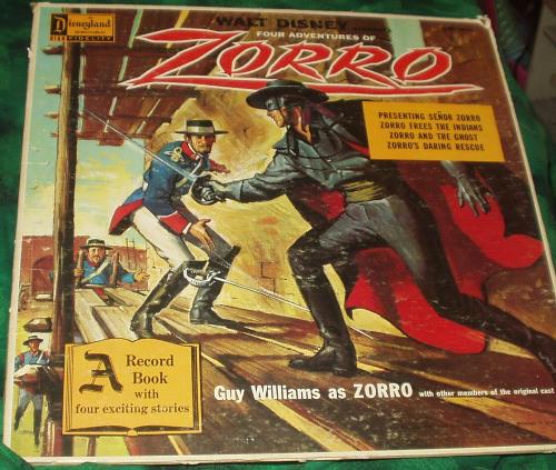 Zorro, based on the 1957 Disney series - This is a record album with stories on it from the Walt Disney Zorro series starring Guy Williams as Zorro. There's a book with a few pages too that is attached to the album cover. I collect Zorro items and this is part of my small collection.