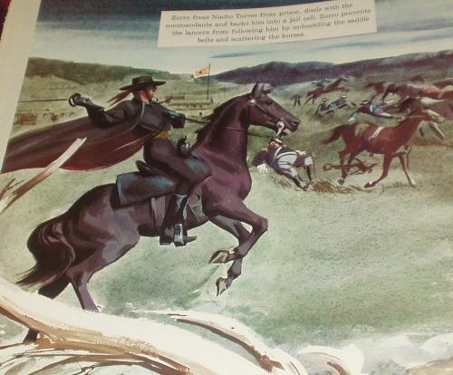 This is a page from the record /book about Zorro - This is a page from the record album with stories on it from the Walt Disney Zorro series starring Guy Williams as Zorro. The book [with only a few pages] is attached to the album cover. I collect Zorro items and this is part of my small collection.