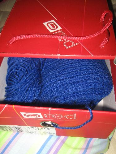 Crochet in shoe box - A picture of my crochet project in the slide out shoe box
