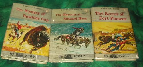 Bret King Ranch Mystery Story Series by Dan Scott - This is a series of Western stories for older readers, about 12 to 16 years old perhaps. This is books 4, 5, 6 in the series. They were written by Dan Scott which was really the Stratemeyer Syndicate. There were only 9 titles published in the series. I love the stories, they're pretty good. I first read a couple when I was growing up but it wasn't until I was an adult that I got the whole series and read them all. I was first interested in reading them because of the setting which is on a ranch and they ride horses and have mysteries. I have these in my book collection.