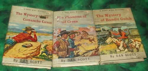 Bret King Ranch Mystery Series by Dan Scott - This is a series of Western stories for older readers, about 12 to 16 years old perhaps. This is books 7, 8, 9 in the series. They were written by Dan Scott which was really the Stratemeyer Syndicate. There were only 9 titles published in the series. I love the stories, they're pretty good. I first read a couple when I was growing up but it wasn't until I was an adult that I got the whole series and read them all. I was first interested in reading them because of the setting which is on a ranch and they ride horses and have mysteries. I have these in my book collection.