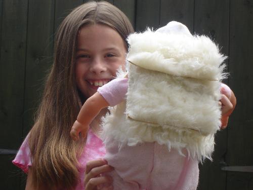 Doll's Backpack ... July 29th 2007 - Doll's backpack, invented by Lauren from offcuts of white, fur carpet.