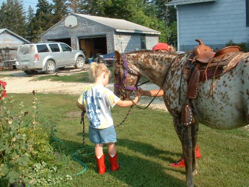 Sydney and Tobasco - Here's Sydney learning about her horse, She's getting ready to hop up for a ride