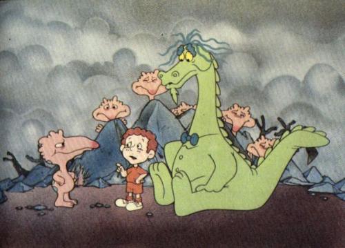 Puff The Magic Dragon - Puff is sitting on the ground while Jackie Paper is talking to a mean looking something or other.