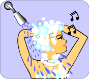 Harder than it looks! - Woman washing hair in shower while singing.