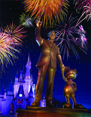 wdw - The Walt Disney Statue with Mickey Mouse, in front of Cinderella Castle.