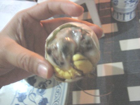 A Philippine delicacy - This picture is what we call here in the Philippines as 'BALUT'. This is a duck egg with a duckling inside that is boiled. To eat it, just crack the egg shell and eat the entire content including the cooked duckling.