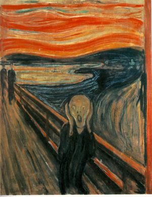 'Scream' by Edvard Munch - 'Scream' (Skrik, 1893) is a seminal series of expressionist paintings by Norwegian artist Edvard Munch. It is said by some to symbolize the human species overwhelmed by an attack of existential angst. The landscape in the background is Oslofjord, viewed from the hill of Ekeberg. The Norwegian word skrik is usually translated as 'scream', but is cognate with the English shriek. Occasionally, the painting has been called The Cry.  A (66 x 83.5 cm) version of this piece appears in the Munch Museum, Oslo, Norway, and an oil, tempera, and pastel on cardboard (measuring 91 x 73.5 cm) in the National Gallery of Norway (uploaded here). A third version is also owned by the Munch Museum, and a fourth is owned by Norwegian billionaire Petter Olsen. Munch later also translated the picture into a lithograph, so the image could be reproduced in reviews all over the world. Since 1994, two separate versions of Scream have been stolen by art thieves, but both were eventually recovered.