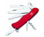Victorinox Swiss for Fireman - Usually color red, siez is 111mm with 4 3/8 inch Large locking blade Seat belt cutter Can opener with small screwdriver Bottle opener with large locking screwdriver & wire stripper Woodsaw Corkscrew Reamer Toothpick Tweezers Key ring Life time warranty