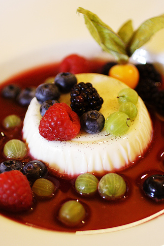 gelatin with fruits - vanilla flavored gelatin with fruits on top