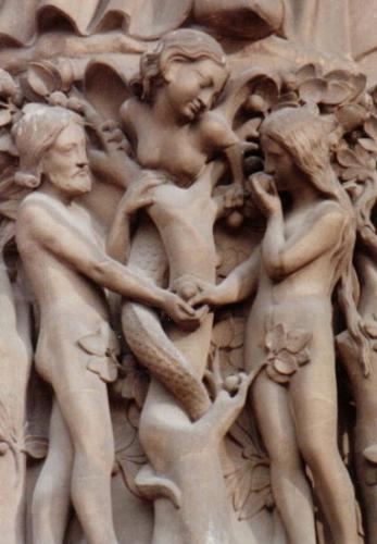 The first sin - Adam, Eve, and the (female) Serpent (Often identified as Lilith.) at the entrance to Notre Dame Cathedral in Paris. Medieval Christian art often depicted the Edenic Serpent as a woman, thus both emphasizing the Serpent's seductiveness as well as its relationship to Eve. Several early Church Fathers, including Clement of Alexandria and Eusebius of Caesarea, interpreted the Hebrew 'Heva' as not only the name of Eve, but in its aspirated form as 'female serpent.'