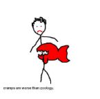 Cramps - a women getting bitten by a fish in the crampy area