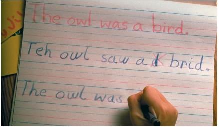 dyslexia - a child trying to re-write a sentence. Lots of the letters or words are reversed.