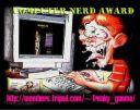 computer nerd - a cartoon character working in his computer. Having fun with his computer.