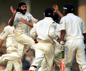 India-England Series - Panesar celebrates wicket of Tendulkar.