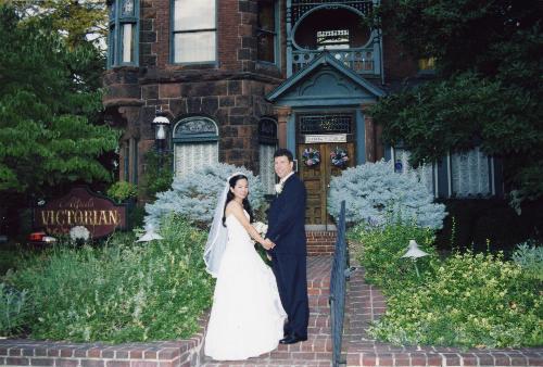 our wedding day - we are outside the reception of our wedding at alfred's victorian mansion. it's a great place to be.