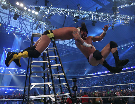 RKO off the ladder - Randy Orton performs the RKO on CM Punk off the ladder at WrestleMania 23.