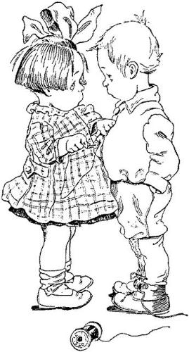 Anyone would think I was your friend! - A little girl repairing her friend's shirt. Anyone would think I was your friend! - A little girl repairing her friend's shirt.