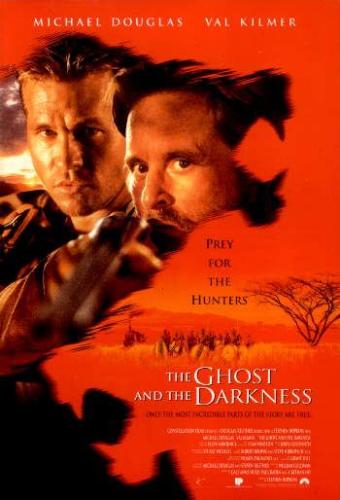 The Ghost and the Darkness Cover - European Cover in Red.  Seen is Val Kilmer and Michael Douglas